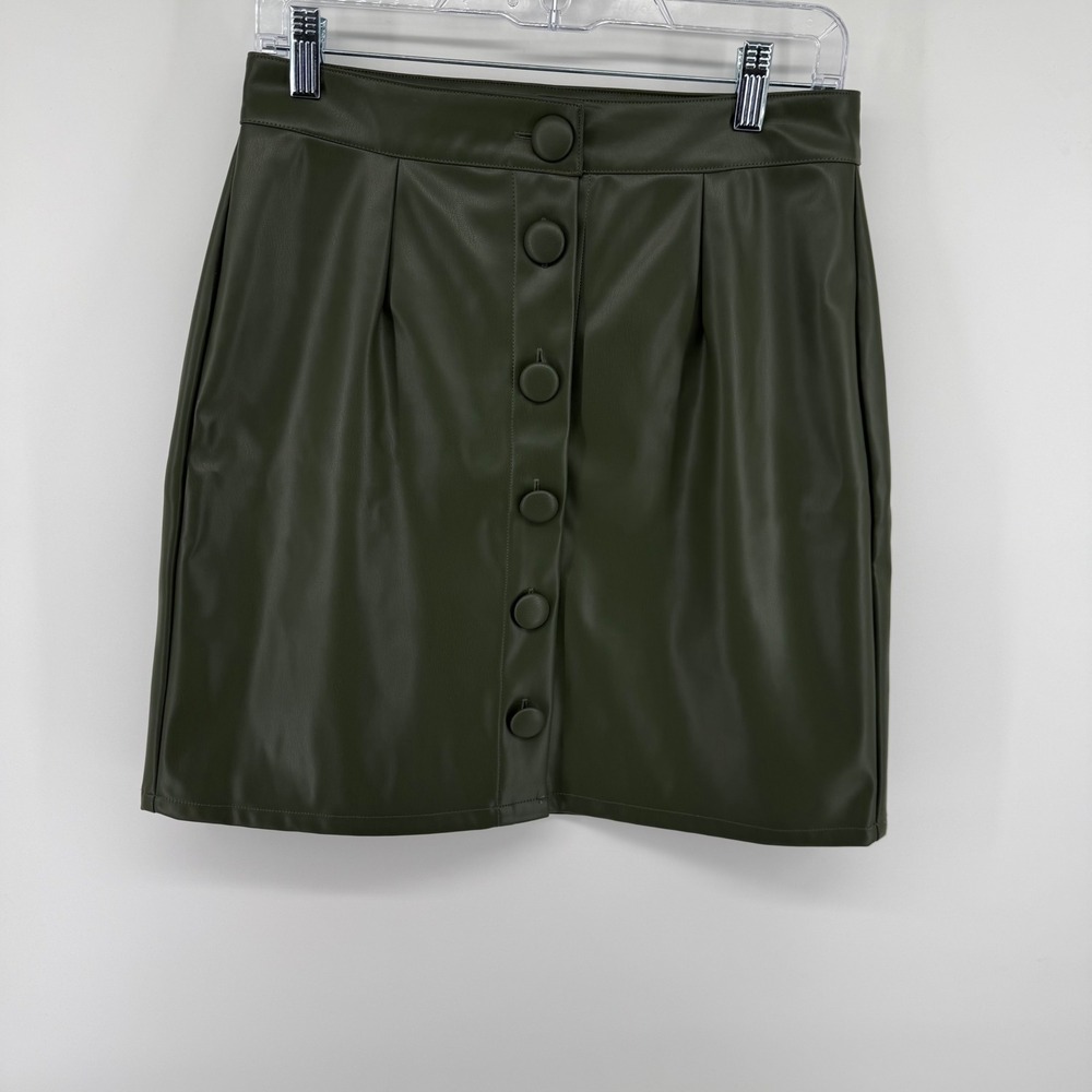 Express Faux Leather Skirt Women 6 Olive Green Mini Button Front High Waist Edgy